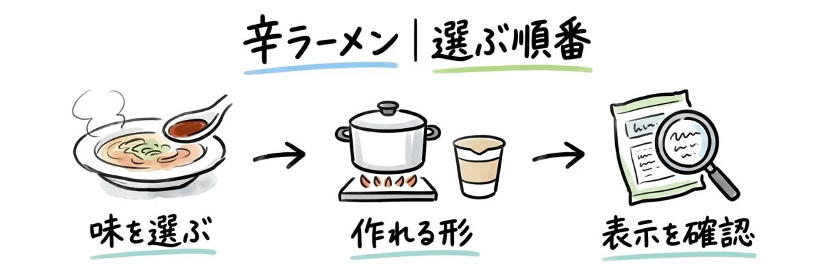 辛ラーメンを味・調理環境・製品表示の順に選ぶ図